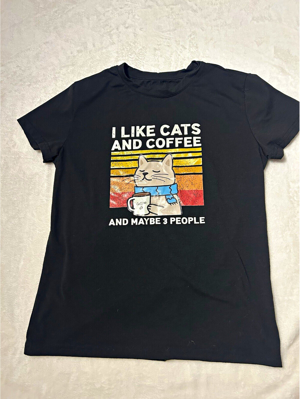 Women’s SHEIN Black Cats & Coffee Graphic Jersey Stretch T-Shirt Short Sleeve L